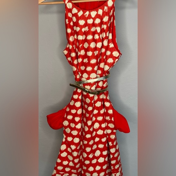 Eliza J  red/orange & White paint brush Polka Dot, Sleeveless, A-Line Dress - Picture 6 of 10